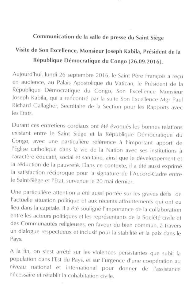 Le communiqué rendu public par le Saint Siège à l'issue de l'audience accordée à Joseph Kabila