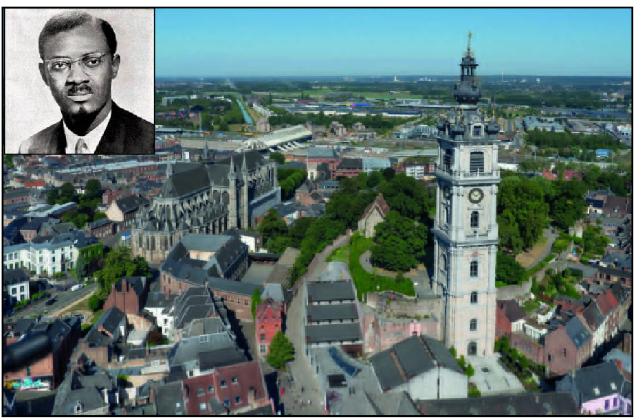 Vue panoramique de la ville de Mons avec en medaillon Patrice Lumumba. Ph. Dr. Tiers