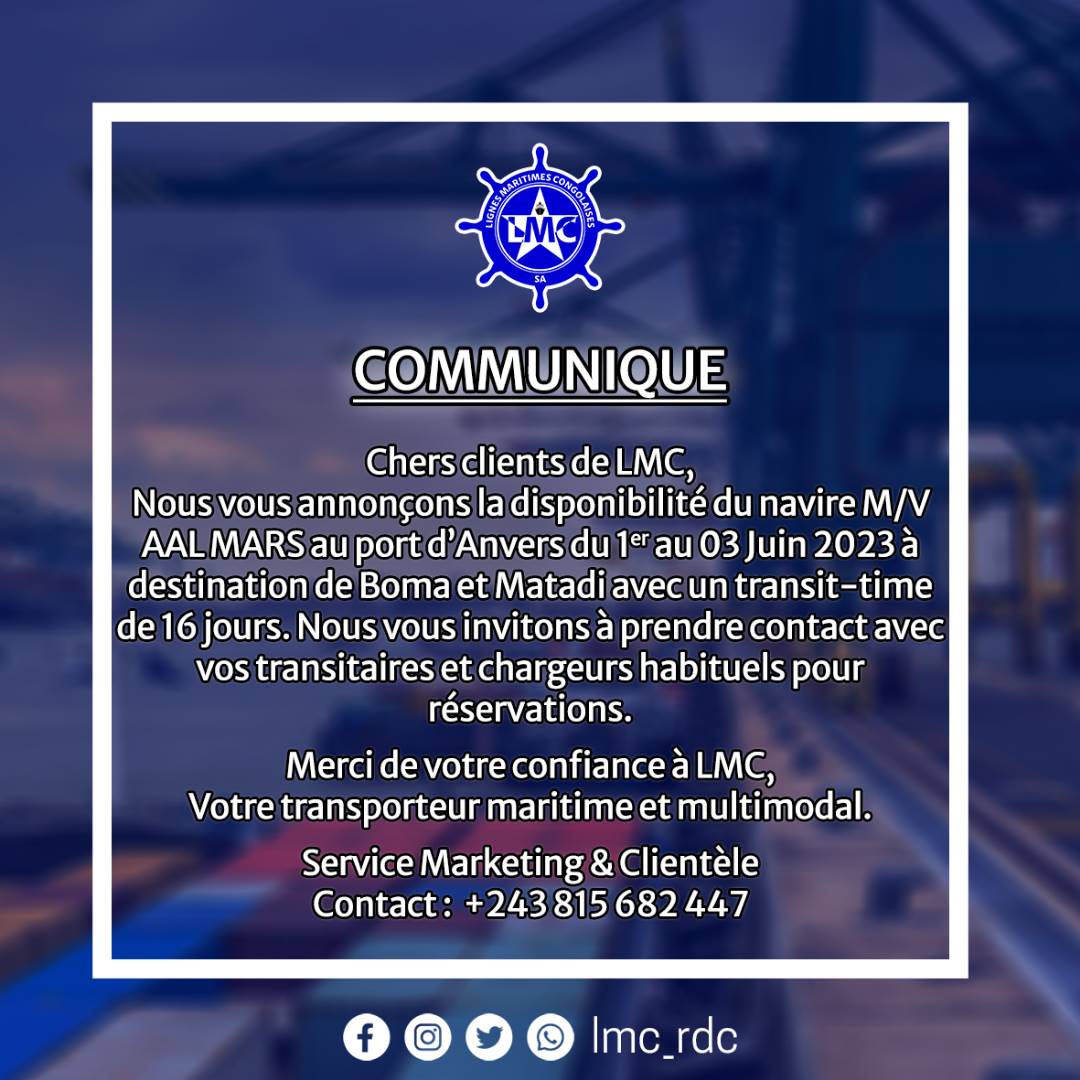 Transport maritime : Communiqué officiel des Lignes Maritimes Congolaises (LMC SA)