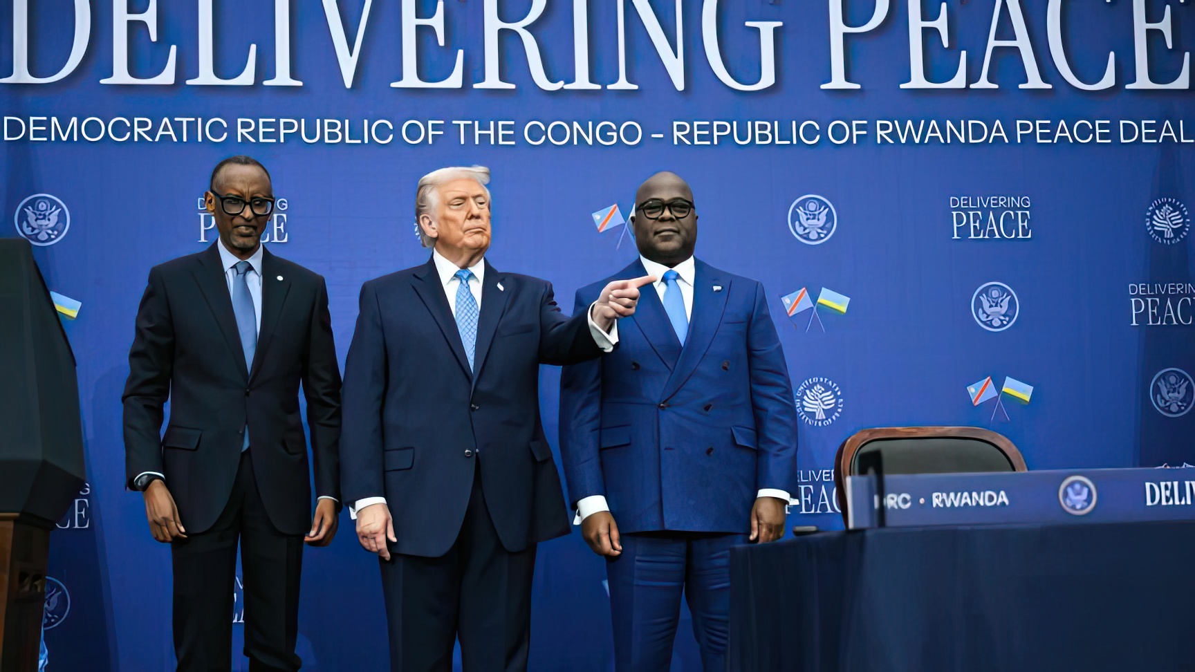 Les présidents Paul Kagame (Rwanda), Donald Trump (USA) et Félix Tshisekedi (RDC).