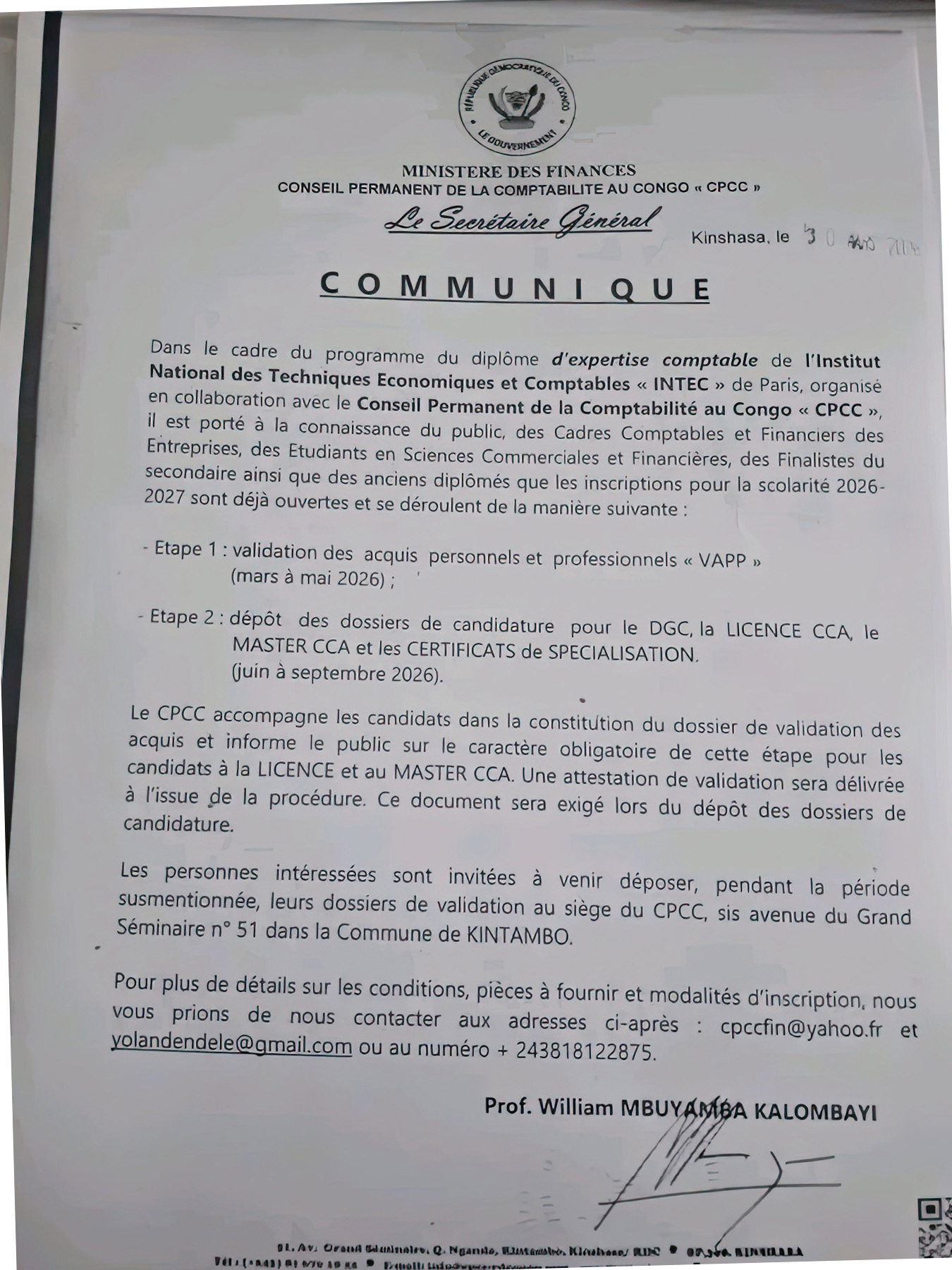 DIPLOME D’EXPERTISE COMPTABLE DE L’INSTITUT NATIONAL DES TECHNIQUES ECONOMIQUES ET COMPTABLES (INTEC) : Le CPCC inscrit pour la scolarité 2026-2027